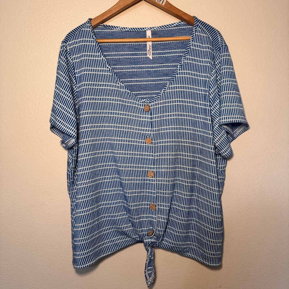 NY Collection Blue White Striped Tie Front Button Blouse Size 3X